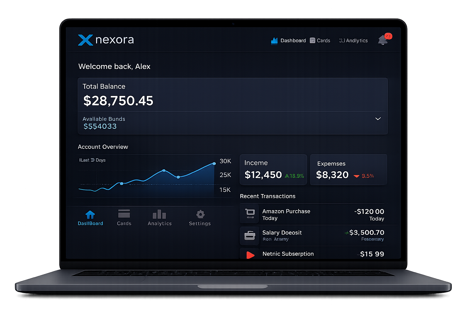 Nexora wealth dashboard on a laptop